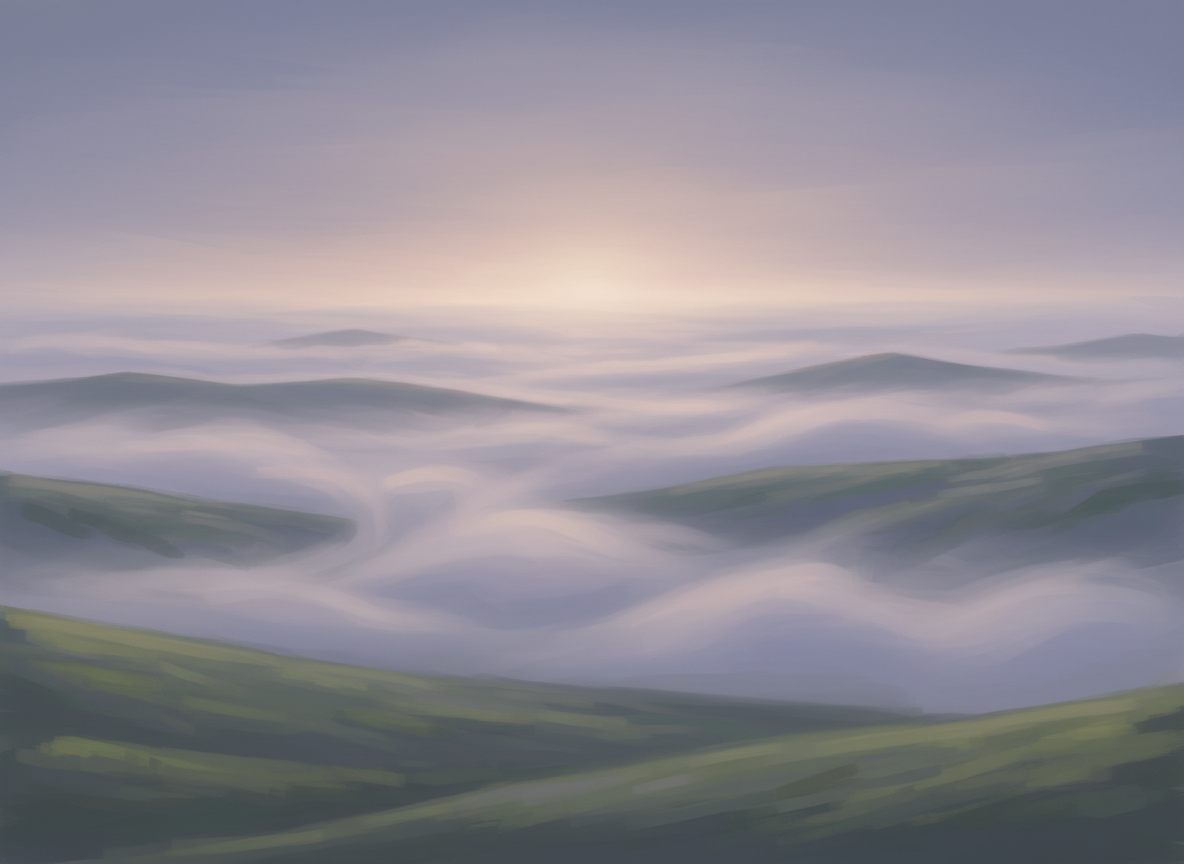 Ethereal misty landscape at dawn with soft dusty purple and lavender fog rolling over distant hills