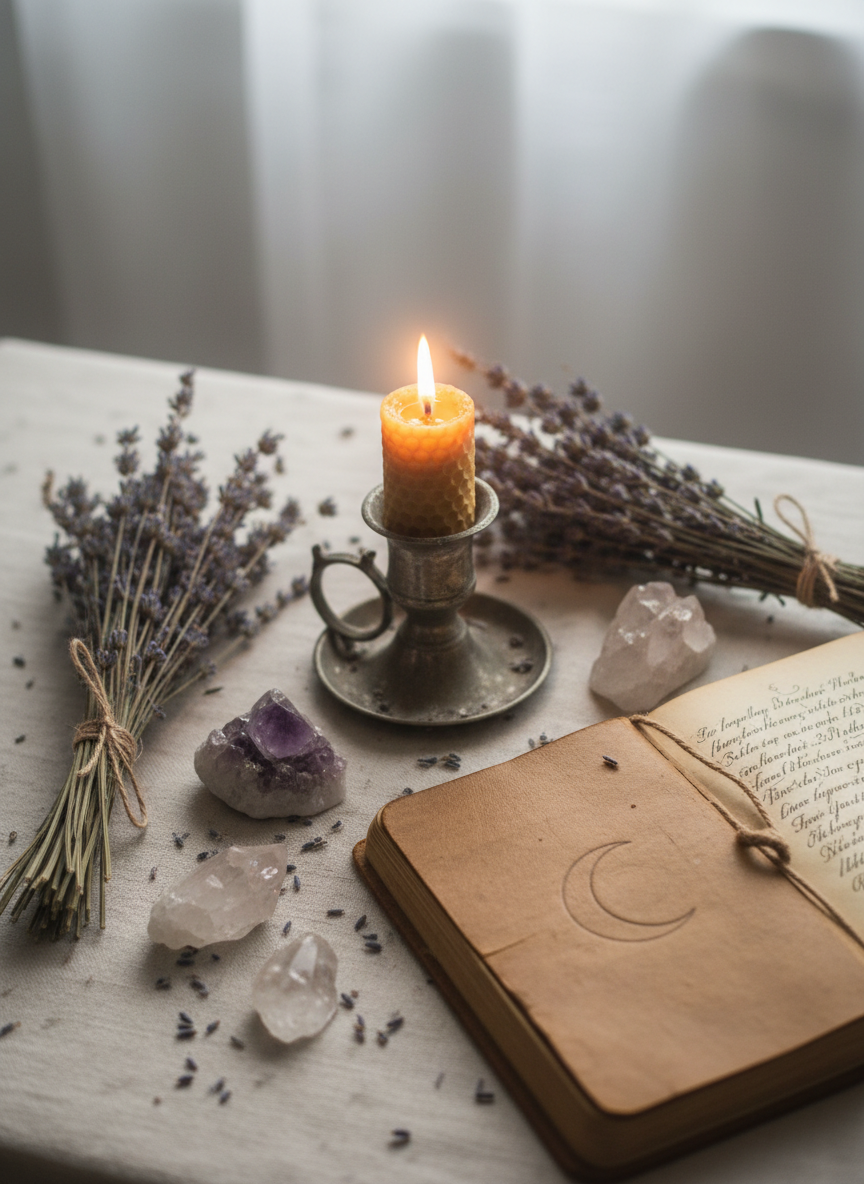 Soft mystical still life of a candle, dried lavender, crystals, and a worn spiritual journal in dusty purple and sage tones